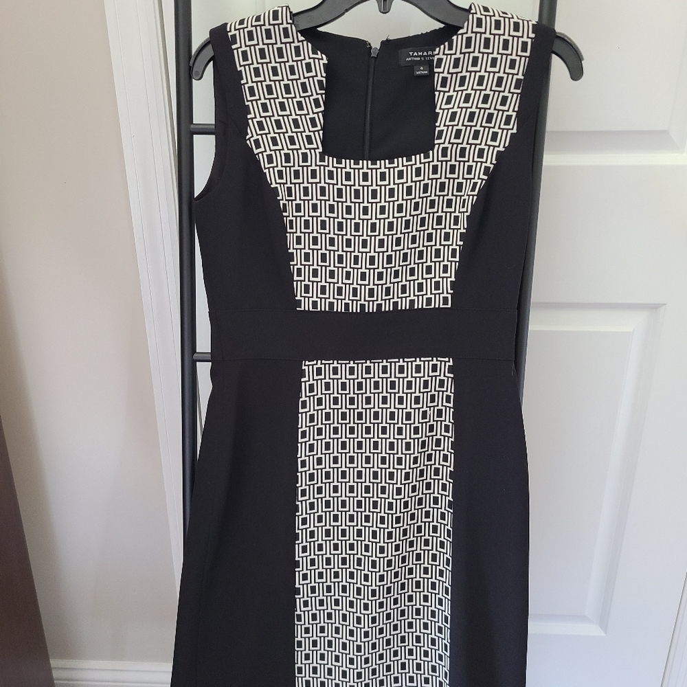 Tahari Black and White Sheath Midi Dress with Mock Neck